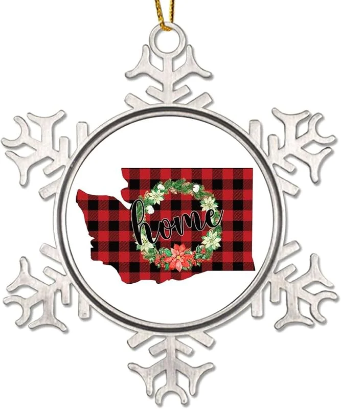 Marke: CowkissSign Weihnachtskranz Washington Weihnachtsbaum hängende Ornamente American State USA Staates Metall Schneeflocke Weihnachtsschmuck Heimstaat rot und schwarz kariert Weihnachtsdekoration Geschenk