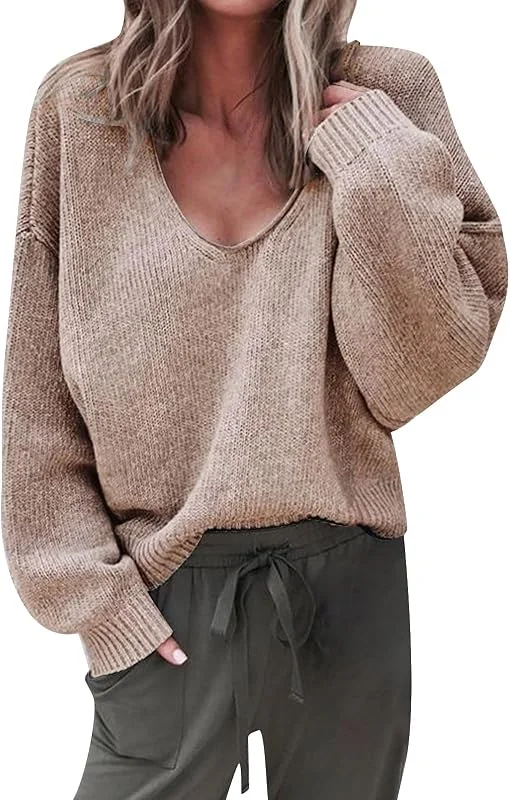 Marke: Qixiu Knitted Sweater Women, Winter Pulli Damen, Einfarbiger und Winterpullover für Damen mit V-Ausschnitt und übergroßem Strickpullover in lässiger Mode Grüne Strickjacke Damen Pullover Senfgelb — Weihnachtsmode