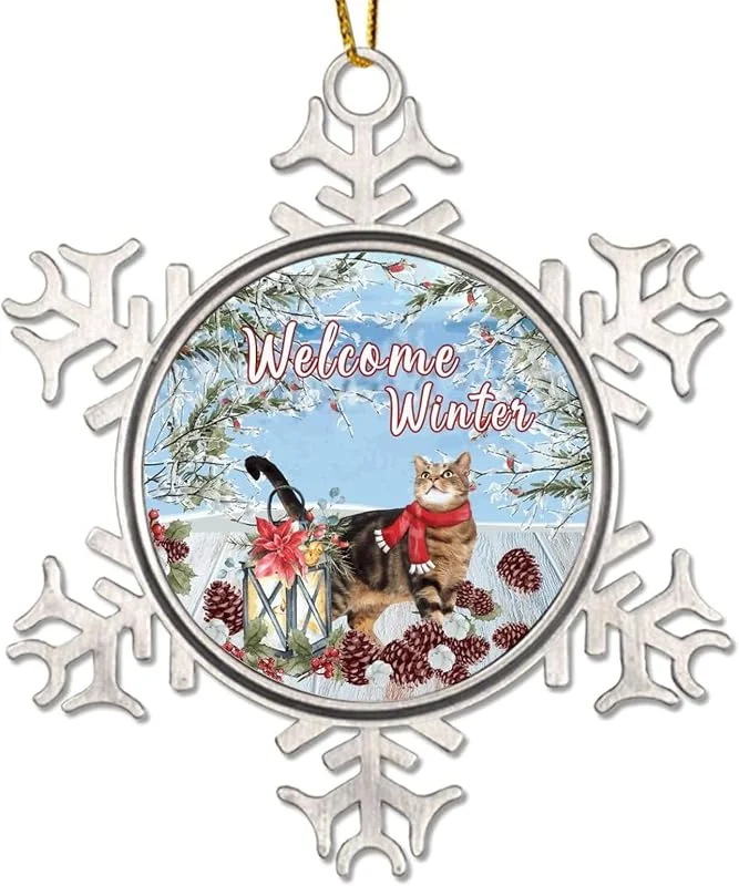 Marke: CowkissSign Metall-Weihnachtsdekoration für Kinder, Winterblume, Schneeszene, Weihnachtskranz, Neuheit, Metall, Schneeflocke, Weihnachtsschmuck, Geschenk, Weihnachtskatze, Willkommen, Weihnachtsbaumschmuck