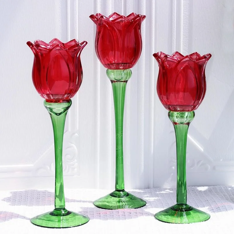 Marke: VOHO VOHO Rote Tulpen Kerzenhalter Geschenke zum Jahrestag, roter Teelichthalter für Weihnachten, Feiertage, Valentinstag, Dekoration, Tulpen-Teelichthalter, Glasdekor für romantische Tischplatte (3er-Set) — Kerzenlicht Abendessen