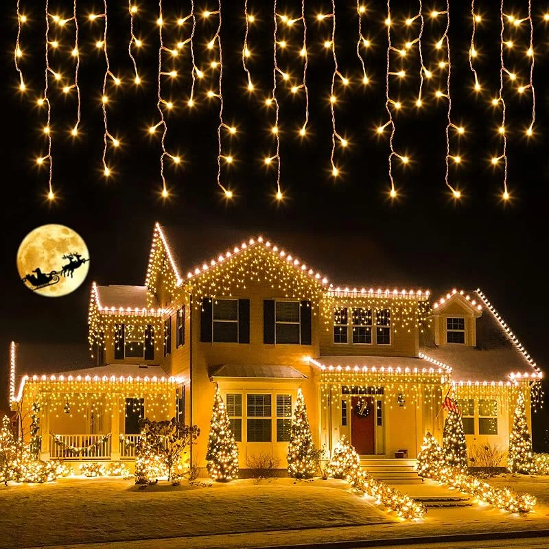Besuche den ELKTRY-Store 800 LED Eiszapfen Lichterkette Außen 20m, Warmweiß Timer IP44 — Weihnachtsbeleuchtung