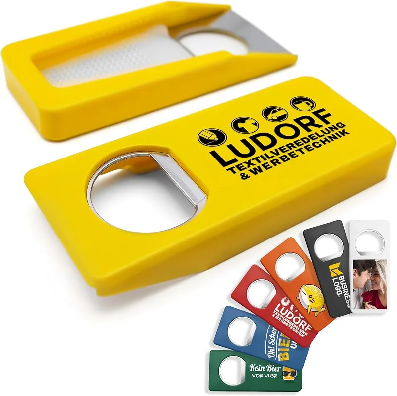 Besuche den #teamludorf-Store Personalisierte Flaschenöffner mit Verschluss (100 Stück, Gelb) – Mit eigenem Foto, Logo & Text bedruckbar – Nachhaltig aus Recycling-Kunststoff — Wein und Festtafel