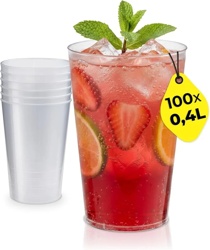 Besuche den Silverkitchen-Store 100x Plastikbecher 0, 4 L – Mehrwegbecher, Trinkbecher aus PP — Wein und Festtafel