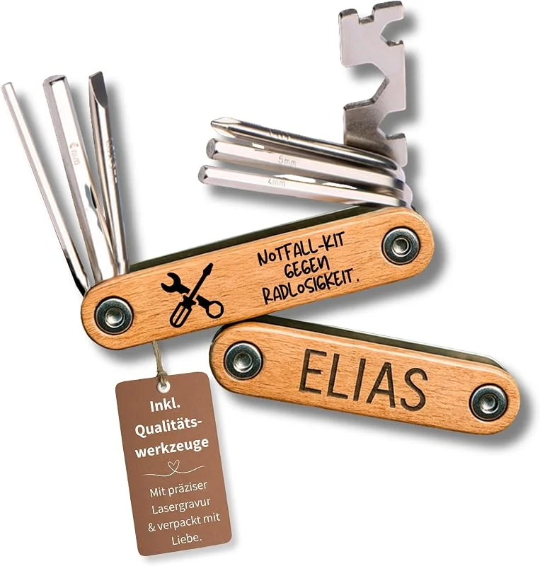 Besuche den Happy Box-Store Happy Box® Fahrrad Multitool personalisiert mit Gravur, 9in1 Fahrradwerkzeug Set für unterwegs, Buchenholz & Edelstahl, Geschenk für Radfahrer, Männer & Papa, Rennrad & MTB Zubehör (Radlosigkeit) — Wein und Festtafel