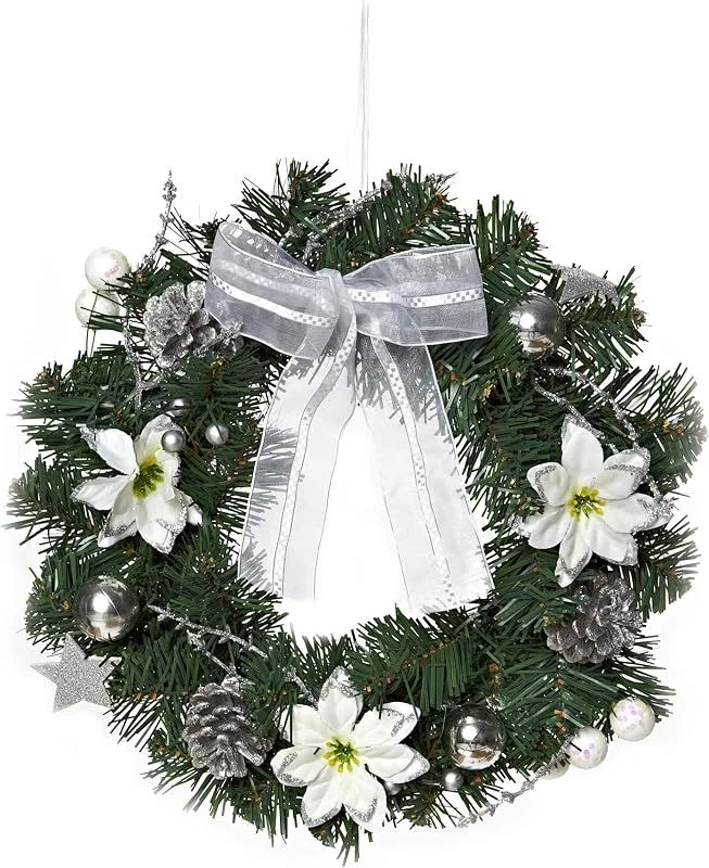 Besuche den HEITMANN DECO-Store HEITMANN DECO Weihnachtskranz - Türkranz Wandkranz Weihnachten - dekorierter Kranz aus Tannenzweigen - Grün, Weiß, Silber, 32 x 32 x 10 cm — Weihnachtsdeko