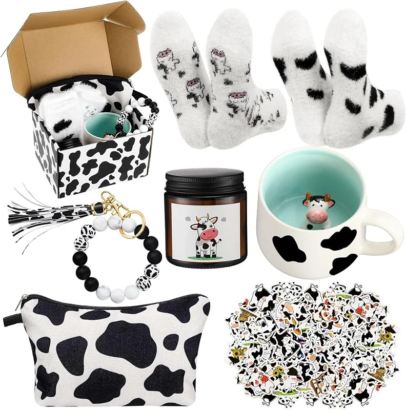 Marke: Honeydak Honeydak Kuh-Geschenk-Set für Frauen, Kuh-bedrucktes Zubehör, inklusive Make-up-Tasche, Geschenk-Box, niedliche Socken, Schlüsselanhänger, Tasse, Duftkerzen-Aufkleber für Weihnachten und Geburtstag — Geschenkverpackung