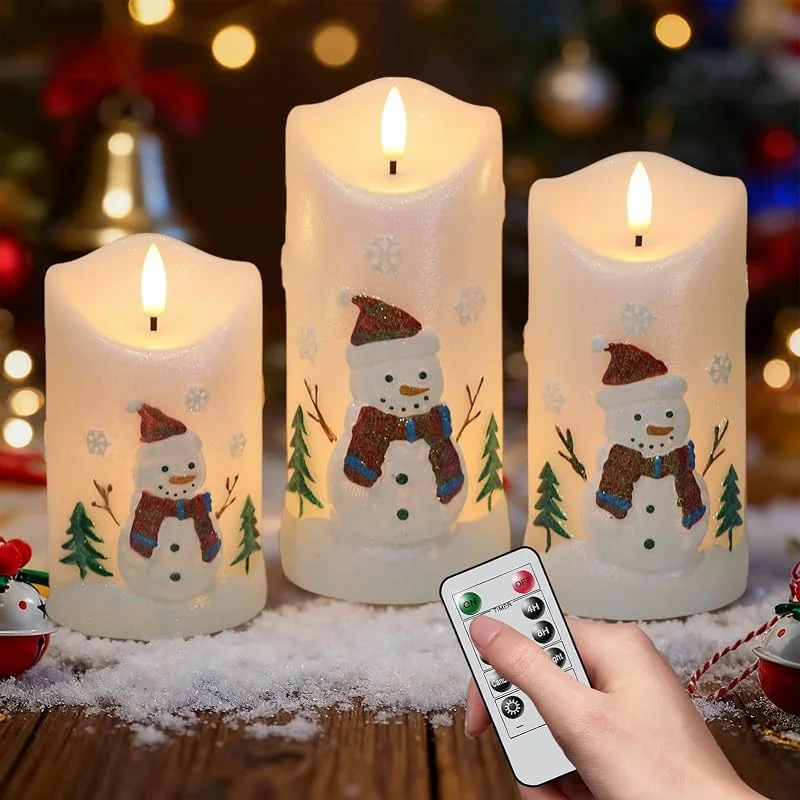 Marke: DRomance Flammenlose Schneemann-Kerzen, batteriebetrieben mit Fernbedienung und Timer, Echtwachs, 3D-Docht, flackernde LED-Stumpenkerzen, farbig bemalt, geschnitzt, Schneeflocke, Weihnachtsdekoration — Weihnachtsbeleuchtung