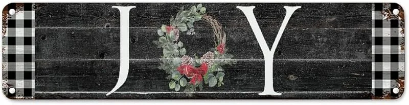 Marke: CowkissSign Vintage Weihnachtskranz Freude Metallkunst Schild Neujahr Saisonales Retro Metall Wandschild Schwarz und Weiß Büffel Karo Plaid Metallschild Qualität Verkehrsschild für Veranda 61 x 15, 2 cm — Weihnachtsdeko