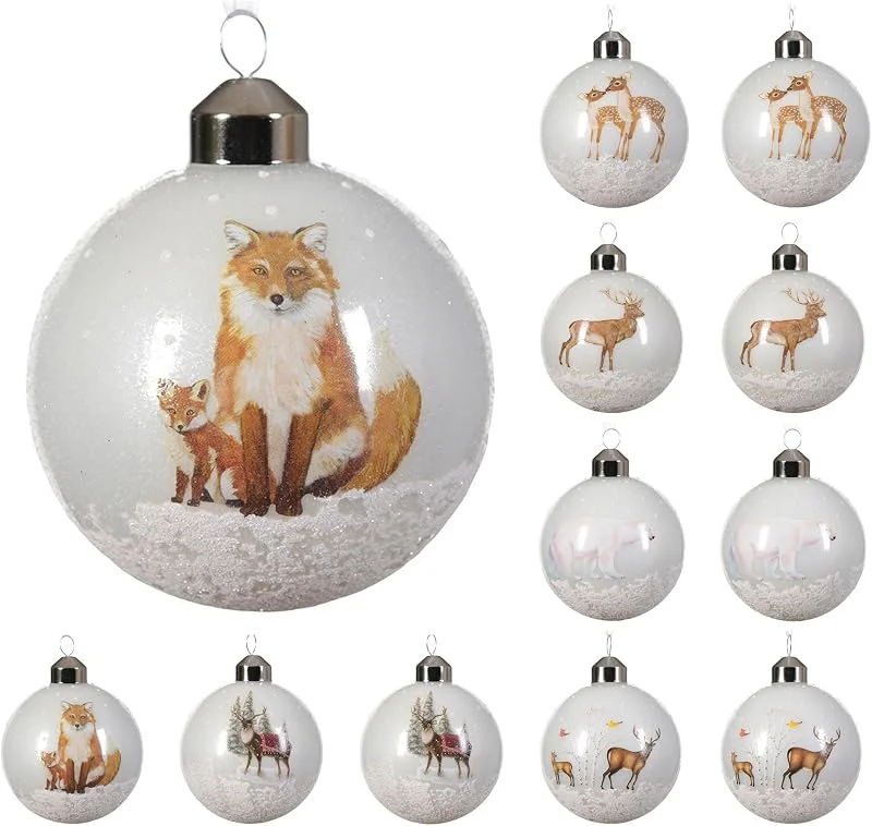 Marke: Kaemingk Kaemingk Weihnachtskugeln Glas 8cm x 12 Stück mit Tier Motiv Christbaumkugeln Weihnachtsbaumkugeln für Weihnachten - Christbaumschmuck & Weihnachtsbaumschmuck - Weiß — Weihnachtsdeko