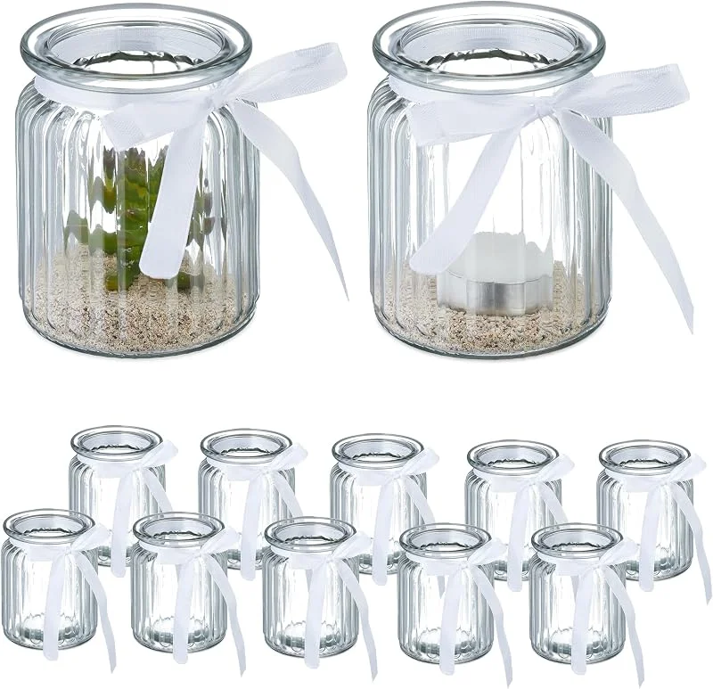 Besuche den Relaxdays-Store Relaxdays Windlicht, 12er Set, aus Glas, Teelichtgläser mit Schleife, innen & außen, Teelichthalter Deko, transparent — Kerzenlicht Abendessen