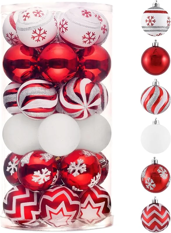 Besuche den Valery Madelyn-Store Valery Madelyn Weihnachtsbaumschmuck, 30 Stück, rot und weiß, bruchsicher, Weihnachtskugel-Ornament-Set, 6, 9 cm, hängende Ornamente, Großpackung für Weihnachten, Urlaub, Party-Dekoration — Weihnachtsdeko