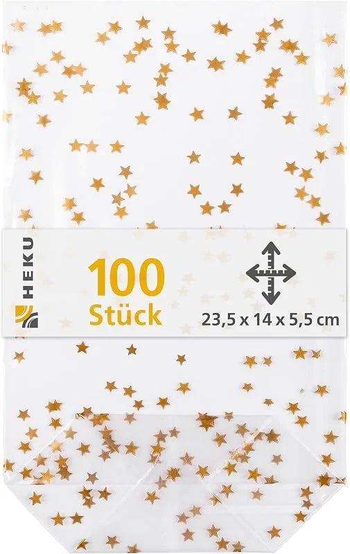 Besuche den Heku-Store HEKU 100er Packung Transparente Bodenbeutel mit goldenen Sternen 235x140x55mm I Stabiler Kreuzboden I Reißfestes Polypropylen Material I Ideal für Weihnachten & selbstgebackene Plätzchen — Geschenkverpackung