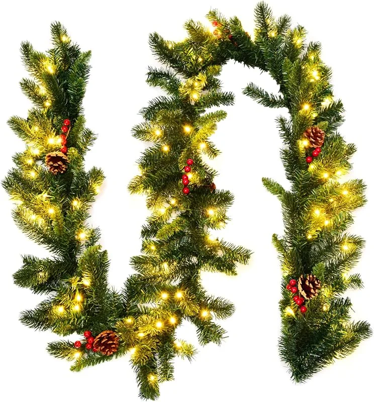 Marke: FANTASK FANTASK Tannengirlande Grün, Weihnachtsgirlande mit 100 LEDs warmweiß, Kunstgirlande Dekogirlande mit Tannenzapfen & Roten Beeren, für Tür Kamine Treppe Innen Außen (270cm) — Weihnachtsdeko