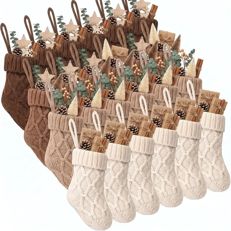 Marke: Geyoga Geyoga Mini-Weihnachtsstrümpfe, Strick, Beige, Haferflocken, Braun — Weihnachtsdeko