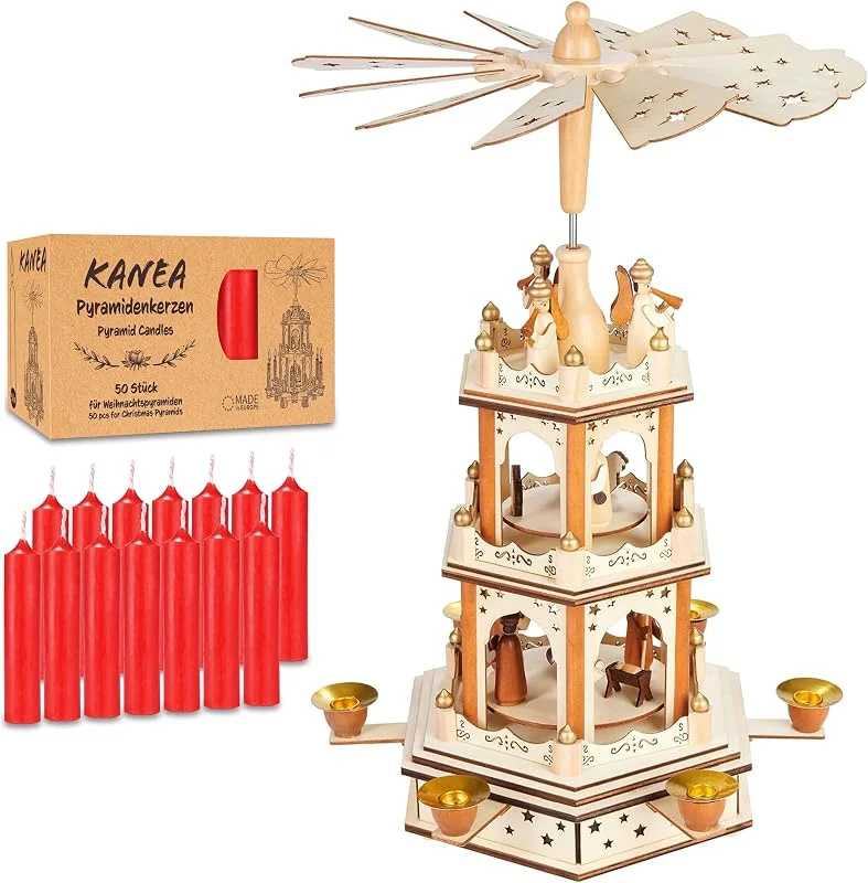 Besuche den BRUBAKER-Store BRUBAKER Weihnachtspyramide inkl. 50er Pack Pyramidenkerzen Rot - Holzpyramide mit 3 Etagen & Holz Figuren Handbemalt - 45 cm Pyramide Weihnachten - Drehbare Tischpyramide - Natur — Weihnachtsdeko