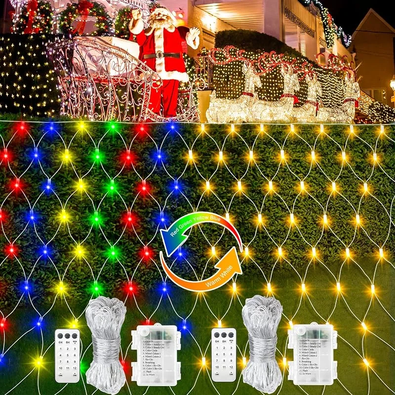 Besuche den ZAIYW-Store Batteriebetriebene Weihnachts-Netzlichter, 1, 5 m x 1, 5 m, 100 LEDs, Farbwechsel-Lichterkette mit Fernbedienung, Timer, transparentes Kabelgeflecht, Licht für Weihnachtsbaum, Garten, Hinterhof — Weihnachtsbeleuchtung