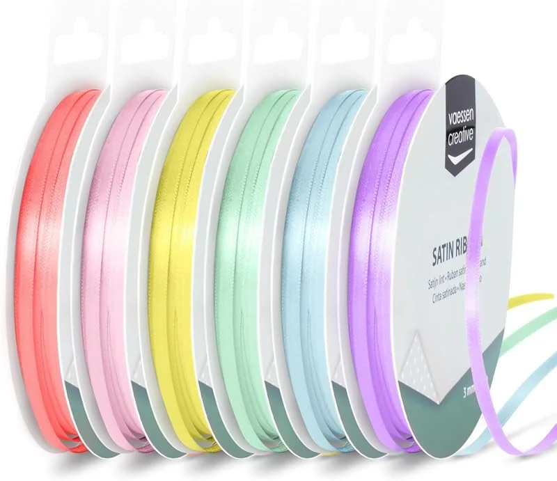 Besuche den Vaessen Creative-Store Vaessen Creative Satinband 3 mm x 10 m - Doppelseitiger Schleifenbänder und Dekoband zum Basteln - Geschenkband und Stoffbänder für Deko und Schateln - Pastell Farben Bunt - 6 Stück — Geschenkverpackung