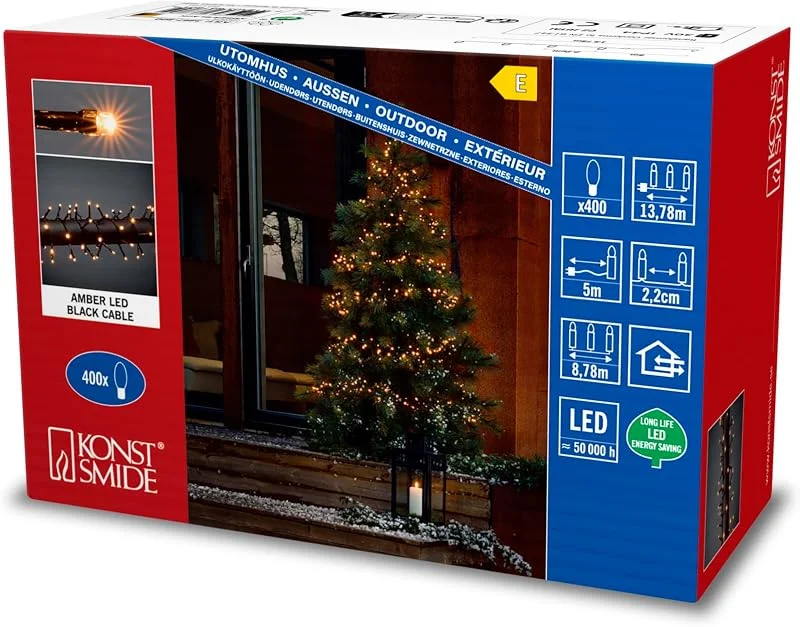 Besuche den Konstsmide-Store Konstsmide Micro LED Compactlights, 400 bernsteinfarbene Dioden, 30V Außentrafo (IP44), 6W, schwarzes Kabel, 3867-800EE, 400 LEDs — Weihnachtsbeleuchtung