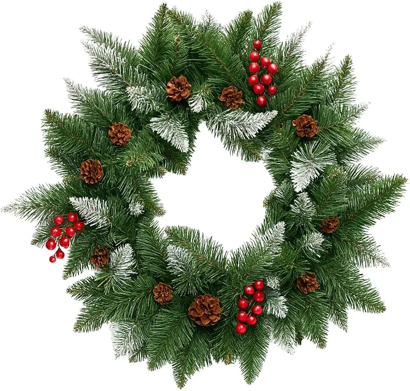 Marke: STYLIZER Großer Weihnachtskranz 65cm – dicht und hochwertig – künstlicher Kranz mit verschneiten Zweigen, roten Beeren und echten Zapfen – Weihnachtsdeko für Tür, Wand oder Tisch