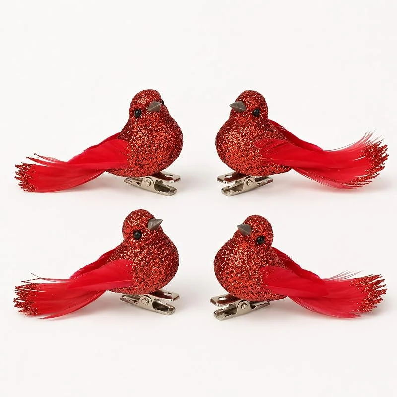 Marke: Decoris Christbaumschmuck Kunststoff Vögel mit Federn & Clip 2, 5cm 4er Set Rot — Weihnachtsdeko