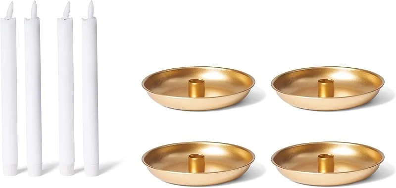 Besuche den Novaliv-Store Novaliv Kerzenständer Stabkerzen 4er-Set Gold 15cm Durchmesser mit LED-Kerze Premium batteriebetrieben Flackereffetkt elektrisch Adventskranz Kerzenteller scandic chic Candle Holder Stabkerzenhalter — Kerzenlicht Abendessen