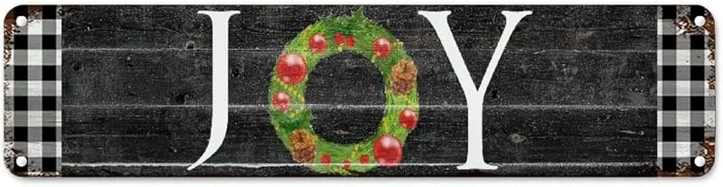 Marke: CowkissSign Vintage Weihnachtskranz Freude Metallschild Winter Weihnachten Retro Aluminium Metallschilder Schwarz und Weiß Büffel Karo Plaid Aluminium Schild Qualität Straßenschild für Wohnzimmer 61 x 15, 2 cm — Weihnachtsdeko