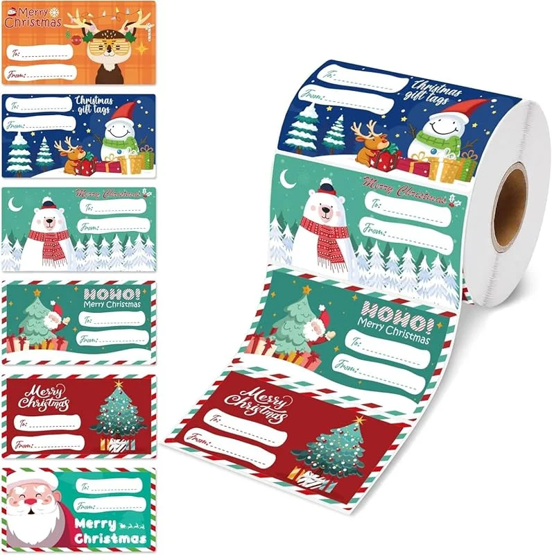 Marke: SMELEYOU 500pcs Weihnachts-Tags wasserdichte DIY-Weihnachtsaufkleber selbstklebende Tags mit 6 festlichen Mustern leicht zu schälen für Geschenke — Geschenkverpackung