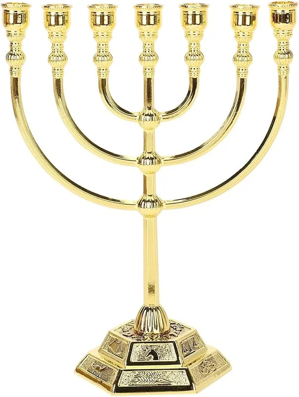 Marke: Muzrunq Hanukka Menorah, Menorah 7 Zweig mit 12 Stämmen Israels, jüdischer Zinklegierung Kerzenhalter mit Stabiler Basis für Wohnzimmer -Desk -Dekor, Goldene Home Office — Kerzenlicht Abendessen