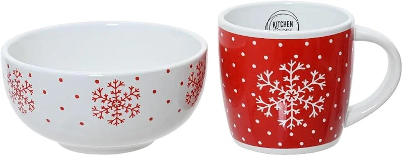 Marke: Kaemingk Frühstücksgeschirr Keramik - 2er Set Schüssel & Tasse mit Weihnachtsmotiv - Geschirr für Weihnachten - Schale & Becher - Frühstücksset Weiß Rot — Advent und Tisch