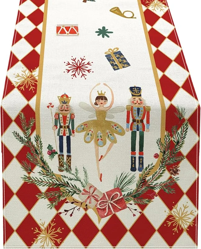 Marke: Joygoodta Weihnachts-Tischläufer, 33 x 180 cm, Nussknacker-Flachs-Dekorationen, schützender dekorativer für das Urlaubsessen zu Hause — Küche & Haushalt