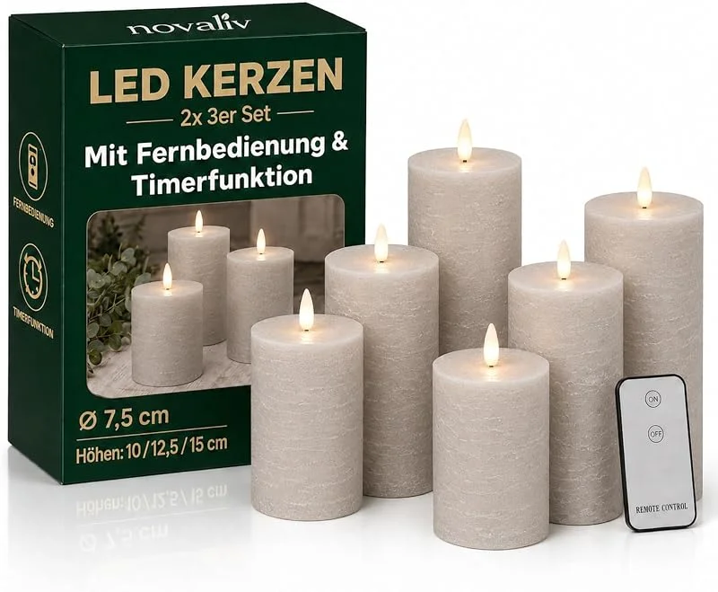 Besuche den Novaliv-Store 6er Set Led Kerzen 7, 5cm ø Kerze flackernde Flamme mit Fernbedingung GRAU TAUPE 15 cm + 12, 5 cm + 10 cm Höhe, LED Kerzen mit Timerfunktion, 3 AAA Batterien nötig, LED Echtwachs Stumpenkerzen warmweiß — Advent und Tisch