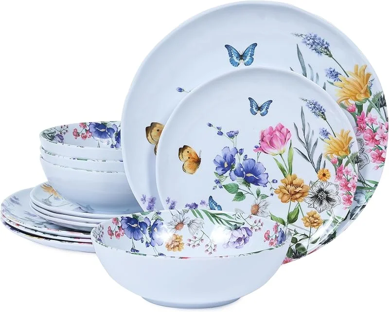 Marke: Lechoo 12-teiliges Melamin-Geschirr-Set – Teller und Schüsseln, florales Geschirr-Set, Frühlings-Campinggeschirr, für drinnen und draußen, Blumen- und Schmetterlingsmuster — Advent und Tisch