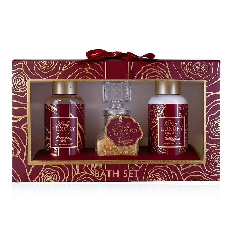 Besuche den accentra-Store Accentra Geschenkset BODY LUXURY in Geschenkbox für Frauen, Duft Winter Rose & Amber, 100 ml Duschgel, 100 ml Bodylotion, 60 g Badesalz im Glasflacon, Wellness Badeset, Geschenk für Weihnachten — Hautpflege