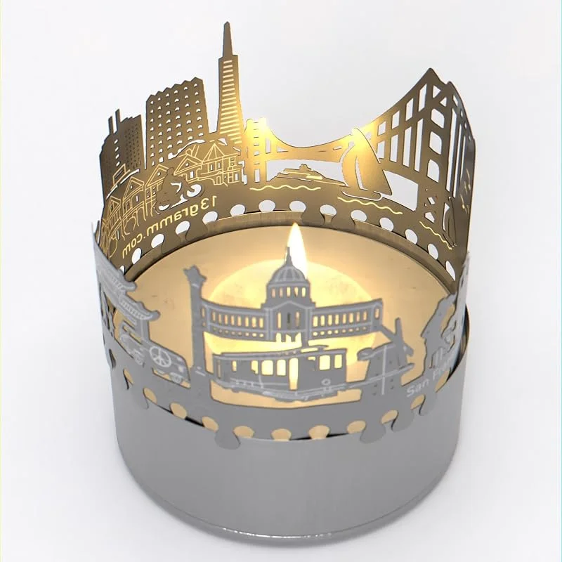 Marke: 13gramm San Francisco Skyline Schattenspiel - Kerzenaufsatz für verzaubernde Raumprojektion, Souvenir für Städteromantiker - Golden Gate Bridge, Cable Cars, Fisherman's Wharf, und mehr — Kerzenlicht Abendessen