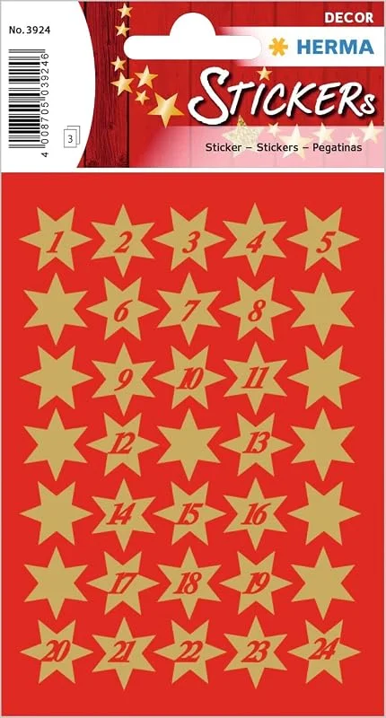 Besuche den HERMA-Store HERMA 3924 Aufkleber Sterne Gold Zahlen 1-24 klein, 102 Stück, 14 mm, Stern Sticker aus Papier, Weihnachtssticker Sternaufkleber für Weihnachten Geschenke Adventskalender Dekoration Kinder Belohnung — Geschenkverpackung