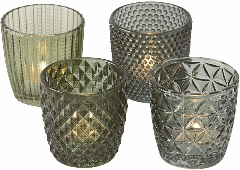 Besuche den Spetebo-Store Glas Teelichthalter transparent grün - 4er Set, 7 cm - Deko Windlicht Retro Tischdeko Teelicht Halter — Kerzenlicht Abendessen