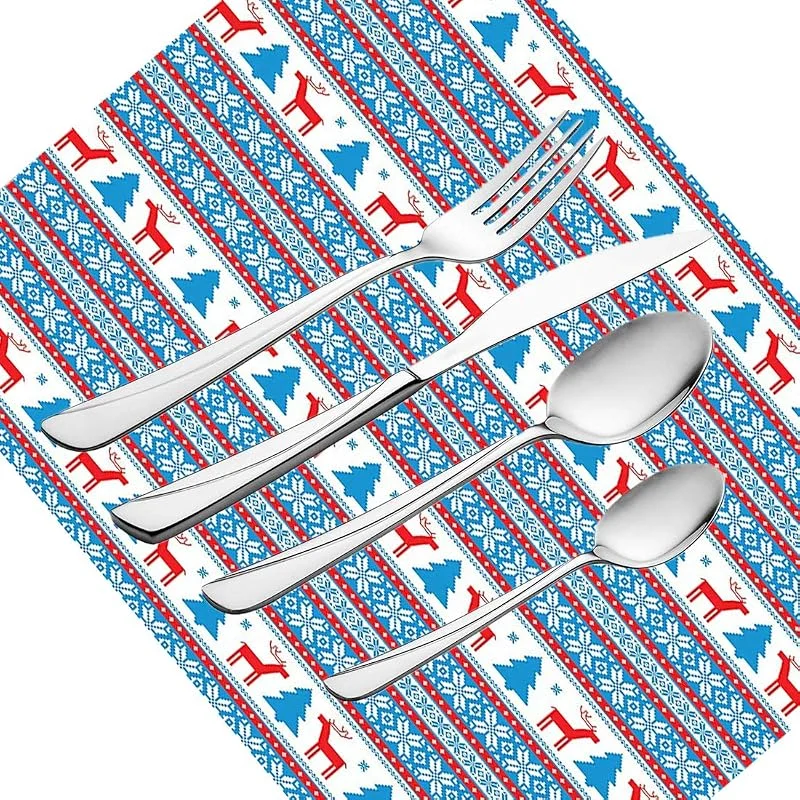 30-teiliges Besteck-Set, Weihnachtsgeschirr, Edelstahl, Besteck-Set für 6 Personen, einschließlich Messer, Gabeln, Löffel, Teelöffel und Tischset, traditioneller folklorischer Strick-Stil, Bild Ho — Küche & Haushalt