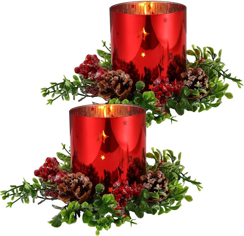 Marke: Sliner Sliner 4 Stück Weihnachts-Kerzenhalter aus Glas, 11, 9 cm, 2 Stück Votivkerzenring mit Tannenzapfen und 2 Stück Weihnachtskerzenhalter, dekorativ für Tischdekoration — Kerzenlicht Abendessen