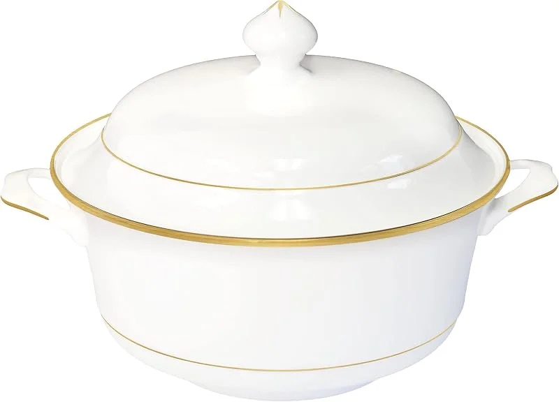 Marke: QOUTIQUE Bone China Suppentureen mit Deckel, 2.97 QT, Goldrand, große Suppenschüssel, 2-teiliges Set, Serviergeschirr, große Servierschale, einfach und widerstandsfähig, Grußgeschirr — Advent und Tisch