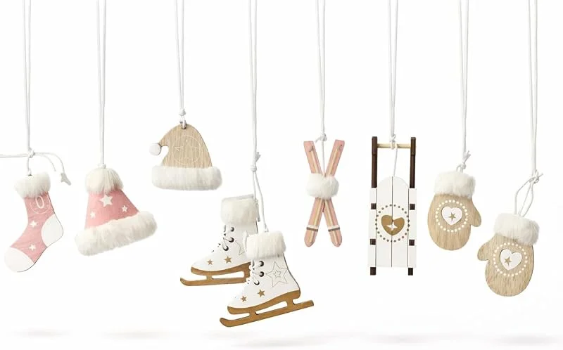 Marke: RiloStore 6 STK Anhänger SKI braun beige rosa Weiss me02 Wintersport Weihnachtsbaumschmuck Set Holz Braun oth Schlittschuhe Schlitten Baumschmuck Alpen Winter Christbaumdeko Hänger Weihnachtskugeln Skifahren — Weihnachtsdeko