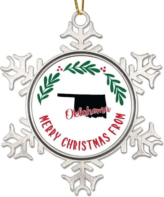 Marke: CowkissSign Frohe Weihnachten aus Oklahoma Weihnachtsdekoration American State USA States Metall Schneeflocke Ornamente für Weihnachtsdekorationen Oklahoma Weihnachtskranz Weihnachtsdekoration