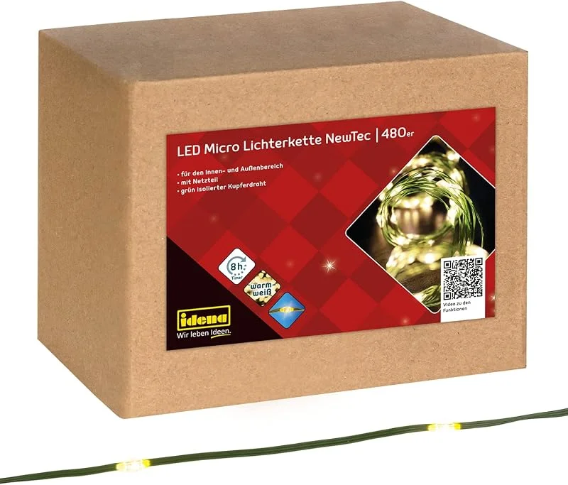 Besuche den Idena-Store Idena 31341 - LED Micro Lichterkette mit 480 LEDs in Warmweiß, NewTec mit 8 Stunden Timer Funktion, ca. 52, 9 m lang, Deko für Innen & Außen, zum Basteln, Party Deko, Weihnachtsdeko, zur Hochzeit — Weihnachtsbeleuchtung