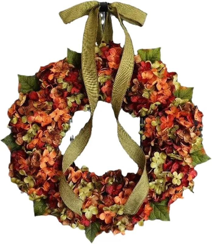 Marke: JORCEDI Herbstkranz mit Hortensien und grünem Band, dekorativer Herbst Türkranz in Orange Rot Grün, weicher Blumenkranz für Tür und Wand, Herbstdeko für Wohnzimmer (qiu, 40cm) — Weihnachtsdeko