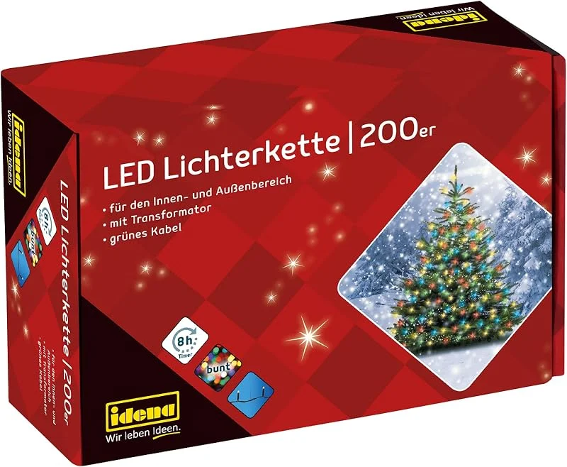 Besuche den Idena-Store Idena 8325068 - LED Lichterkette mit 200 LED bunt, mit 8 Stunden Timer Funktion und Transformator, ca. 27, 9 m lang, für den Innen- und Außenbereich, als Deko für Partys, Weihnachten, Hochzeit — Weihnachtsbeleuchtung