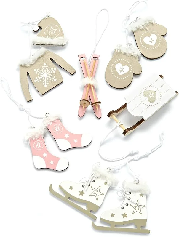 Besuche den HEITMANN DECO-Store HEITMANN DECO Christbaum-Schmuck - Behang Set aus Holz - 6-teilig - Baumbehang in Natur, Rosa, Weiß - Weihnachtsdekoration, 7-10cm