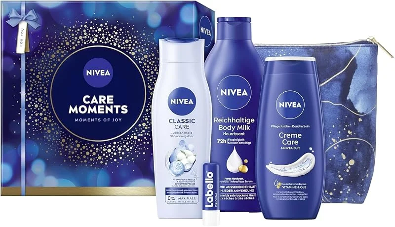 Besuche den Beiersdorf-Store NIVEA Care Moments Geschenkset, Geschenk für Frauen, Geschenkbox mit Duschgel (250 ml), Shampoo (250 ml), Body Lotion (400 ml), Labello Lippenpflege (4, 8 g) und Kulturtasche — Hautpflege