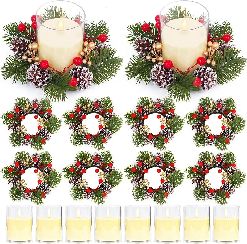 Marke: Acmee Künstliche Tannenkerzenringe mit roten Beeren und Tannenzapfen, festlicher Mittelpunkt für Weihnachten, Hochzeiten, 8 Stück — Kerzenlicht Abendessen