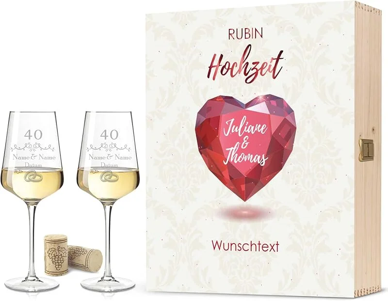 Besuche den GRAVURZEILE-Store GRAVURZEILE Weißweingläser mit Gravur - Rubinhochzeit - inkl. Holzkiste — Wein und Festtafel