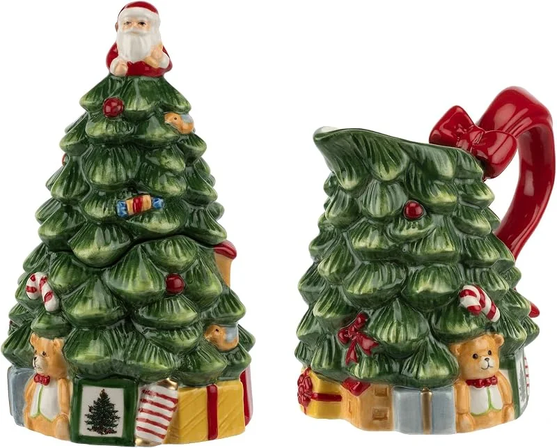 Marke: Spode Spode Zucker- und Sahnekännchen-Set mit Weihnachtsbaum, Figurenbaum, 209 ml, Kännchen und 150 ml Zuckerdose mit Deckel, festliches Tee- und Kaffeeset, spülmaschinenfest, Keramikgeschirr — Advent und Tisch