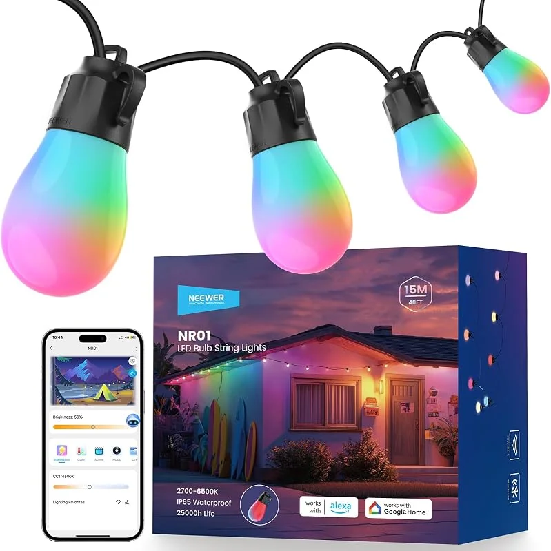 Besuche den NEEWER-Store NEEWER NR01 Lichterkette Außen 15M, App Steuerung Smart AI RGBW Beleuchtung — Weihnachtsbeleuchtung